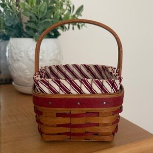 Longaberger Mini Woven Picnic Basket with Red Accents and Striped Liner